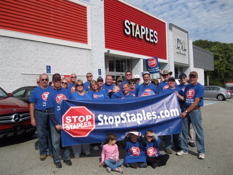 Members of the Western Pennsylvania Postal Workers Solidarity Committee held a Stop Staples protest in front of a location on McKnight Road in Pittsburgh on Oct. 16. All APWU crafts attended, along with Letter Carriers, retired Mail Handlers, and allies.