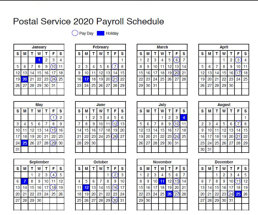 USPS: Calendar shows 2020 payroll schedule.