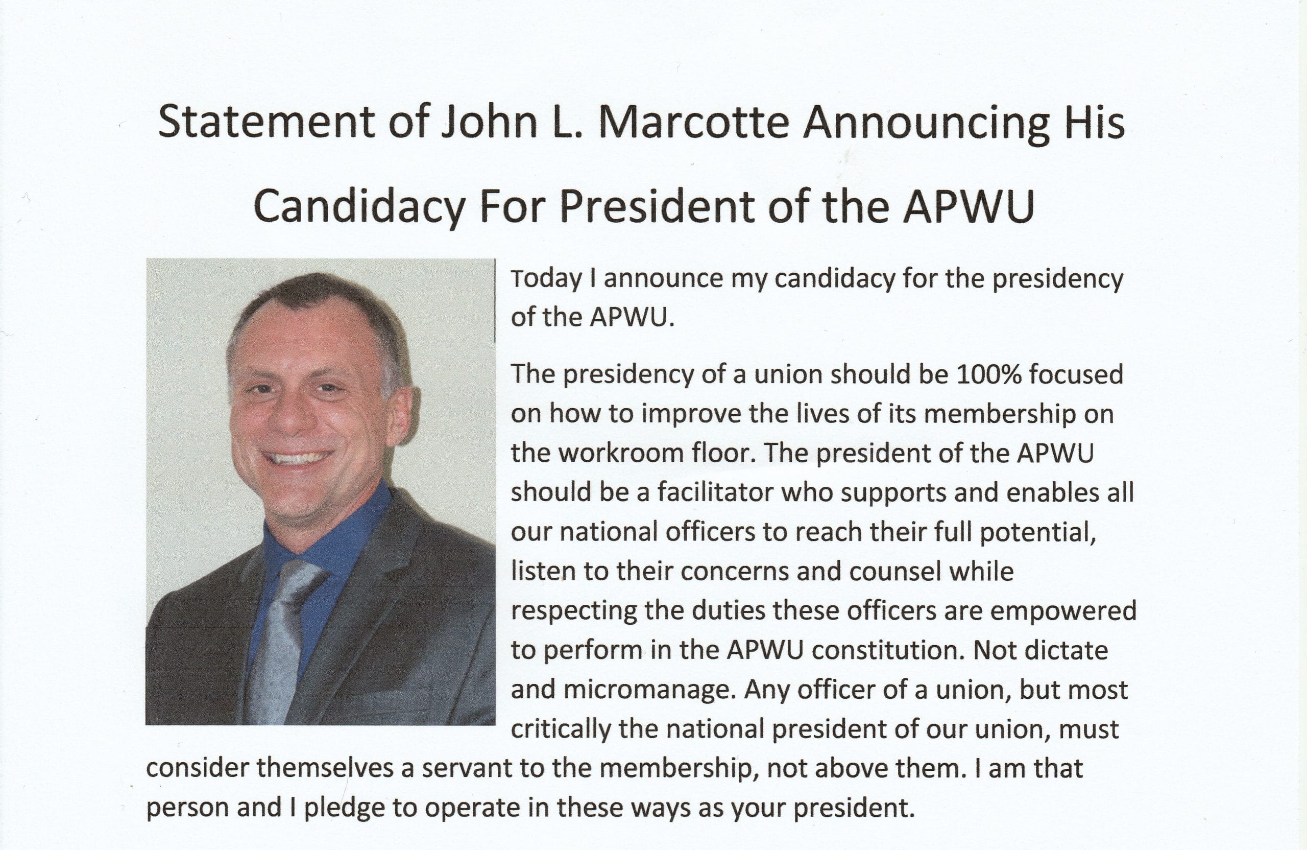 John L. Marcotte Announces His Candidacy For President of the APWU