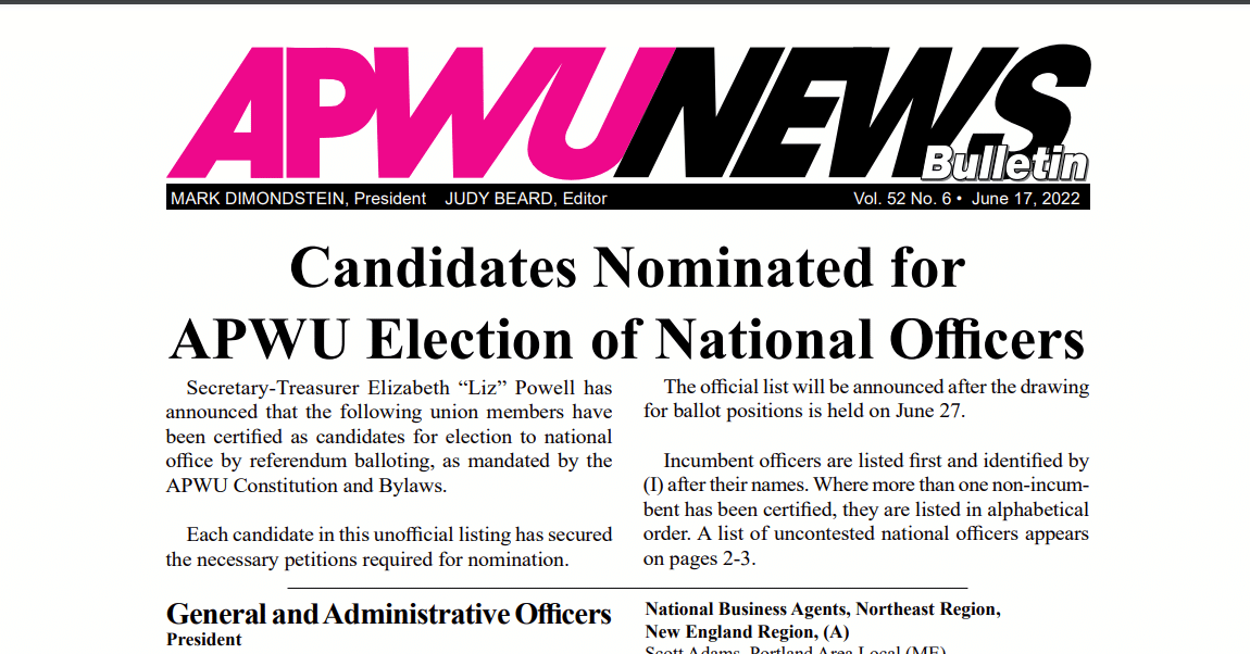 Candidates Nominated for APWU Election of National Officers