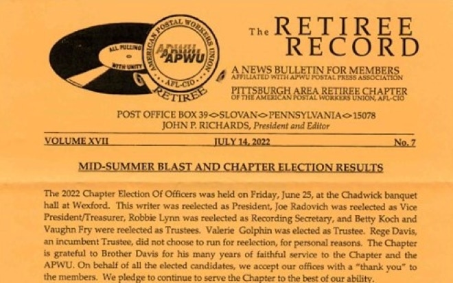 APWU Pittsburgh Retiree Record – July 14, 2022