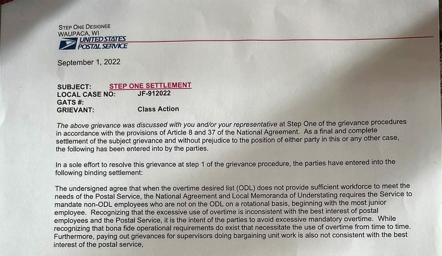 APWU Local 178 Step 1 Settlement Agreement creates new Clerk positions; management admits earned hours is a fallacy